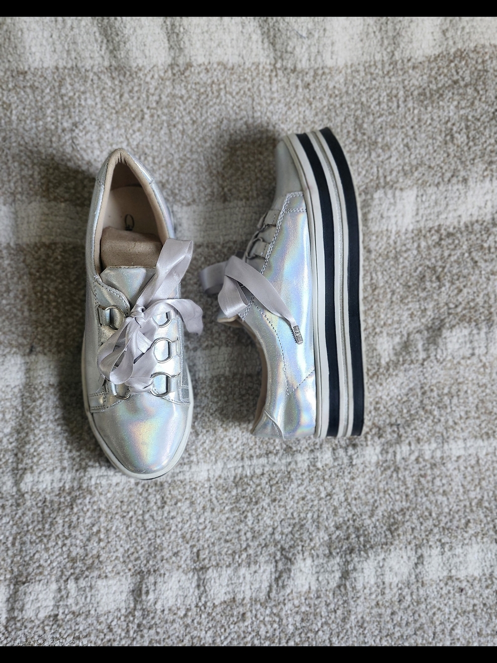 & Other Stories Iridescent Silver Platform Sneakers with Ribbon Laces
